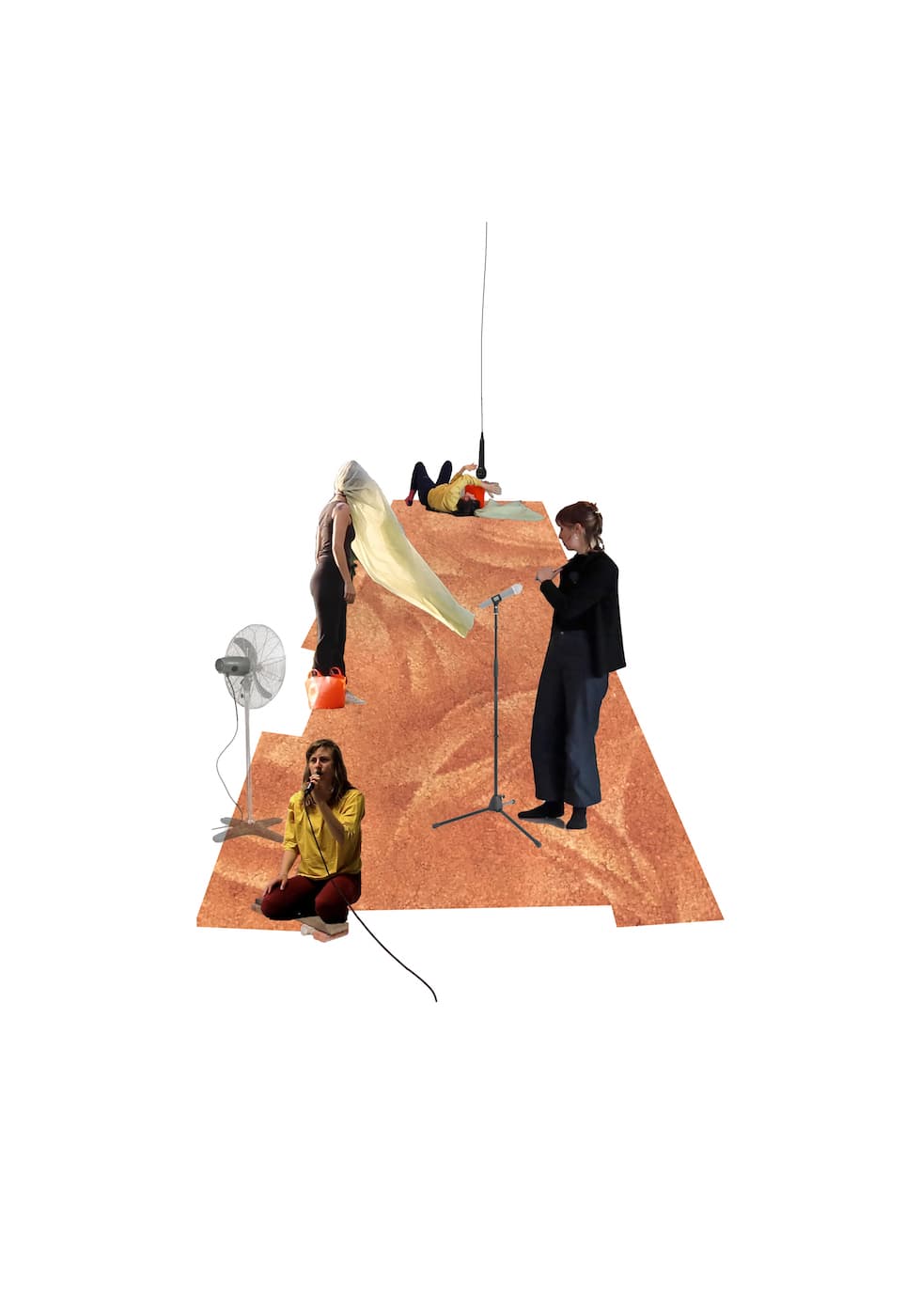 A composite image of four instances of the artist Alice Gale-Feeny performing her work - Begin in the Middle (Neither Me nor the Bucket)