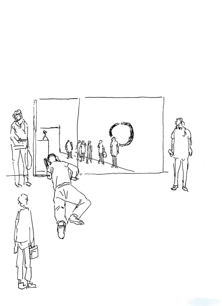hand-drawn illustration by the artist Yoshinori Niwa showing a performer crawiling on their hands and knees into a gallery space while on the phone