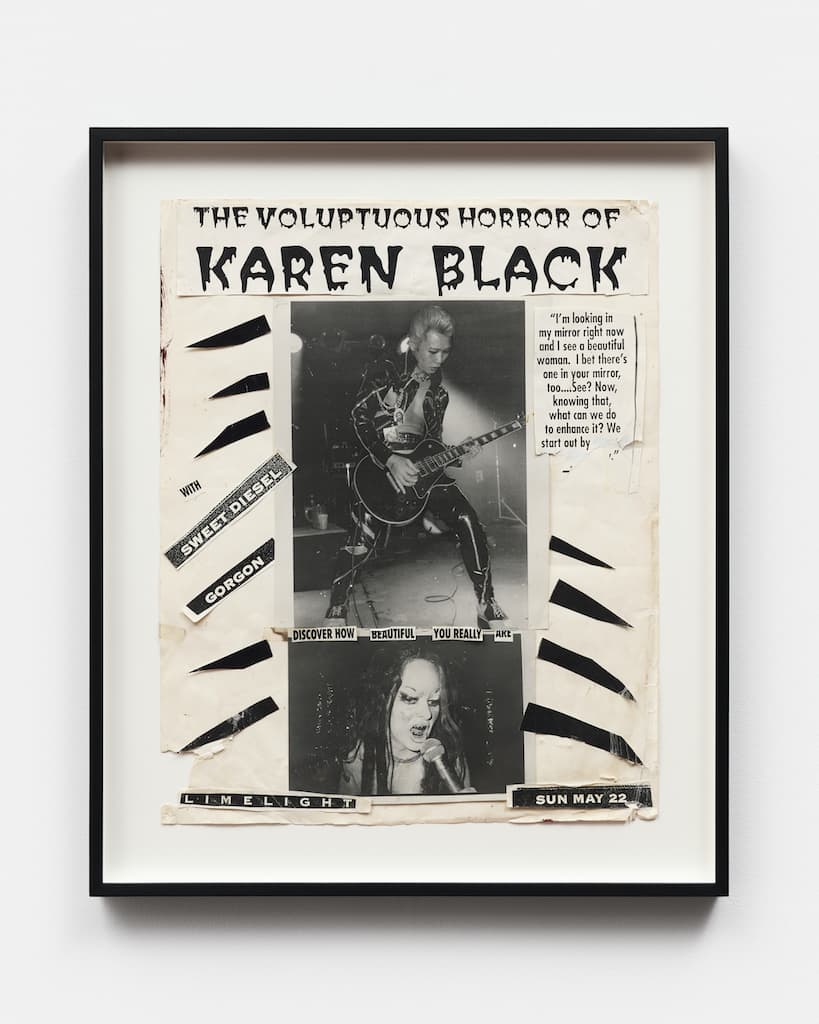 Framed black and white collage by Kembra Pfahler showing a performer, dressed in leather playing a guitar