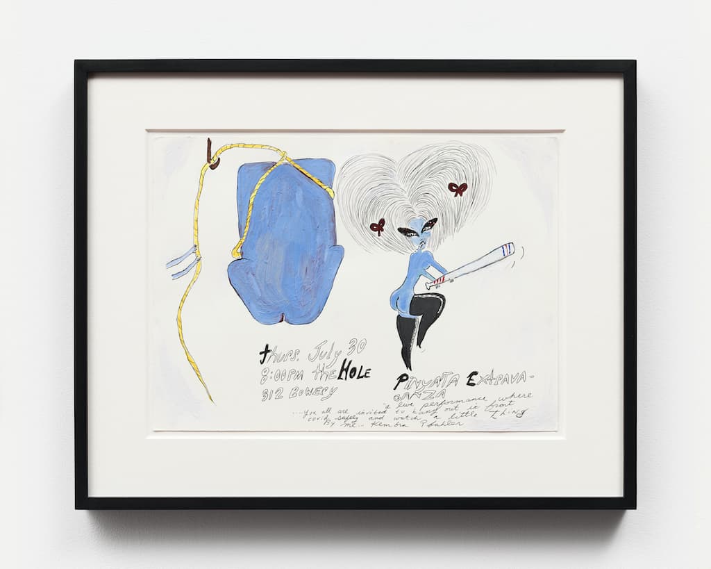 Framed drawing by Kembra Pfahler with a blue phallus in a noose and a naked blue figure holding a cigarette