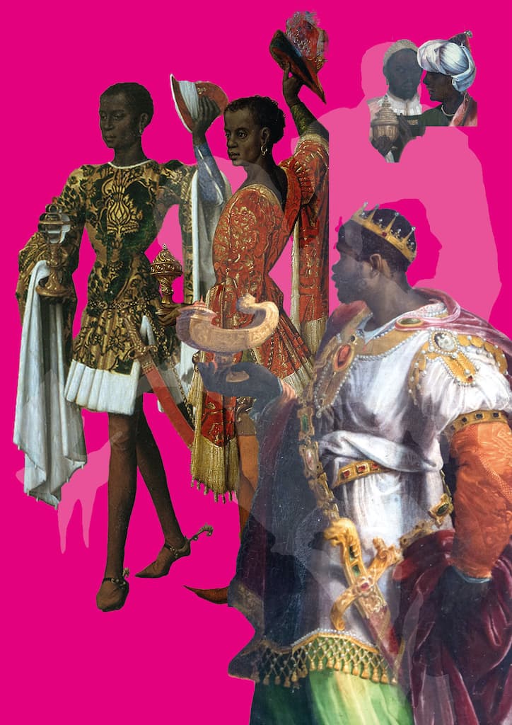 Close up of a collage depicting numerous African figures dressed as Kings and in other pieces of finery.